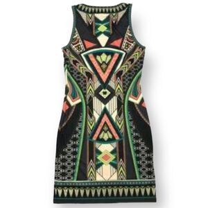 FOREVER 21 BODYCON GEOMETRIC PRINT BLACK, PEACH, & GREEN DRESS SZ.XS EUC